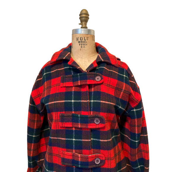 THE SYLVIA: Vintage 60s Pendleton Red Plaid Tartan Wool Hooded Duffle Coat - Picture 9 of 10
